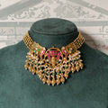 Pink and Green Jadau Peacock Necklace | Gold Bead Strands with Pearl Fringe