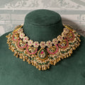 Pink and Green Kundan Bridal Necklace | Crescent Panels with Pearl Fringe