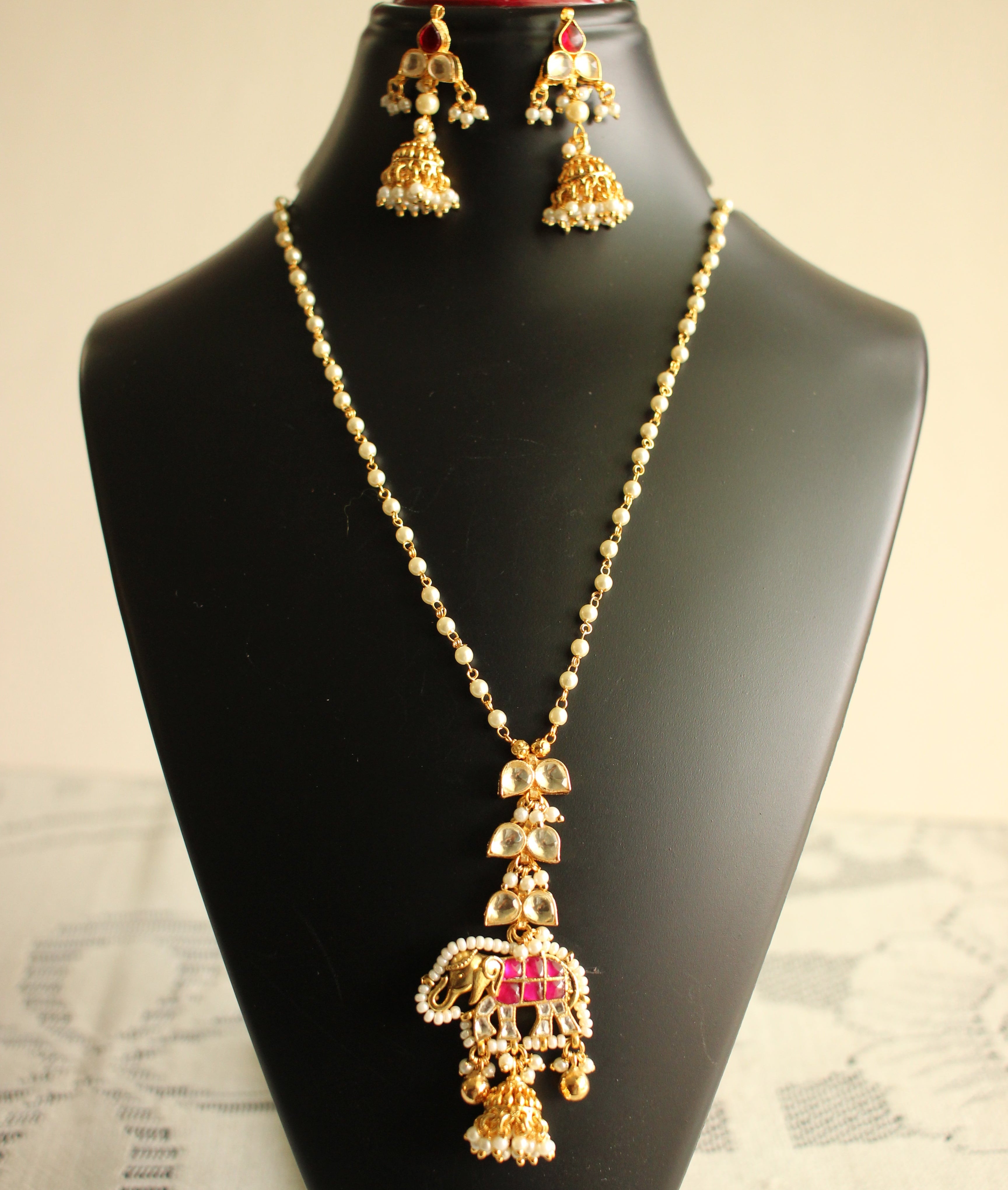 Gajgauri Rani Haar — Elephant Polki Pendant with Pearl Chain & Jhumka Set