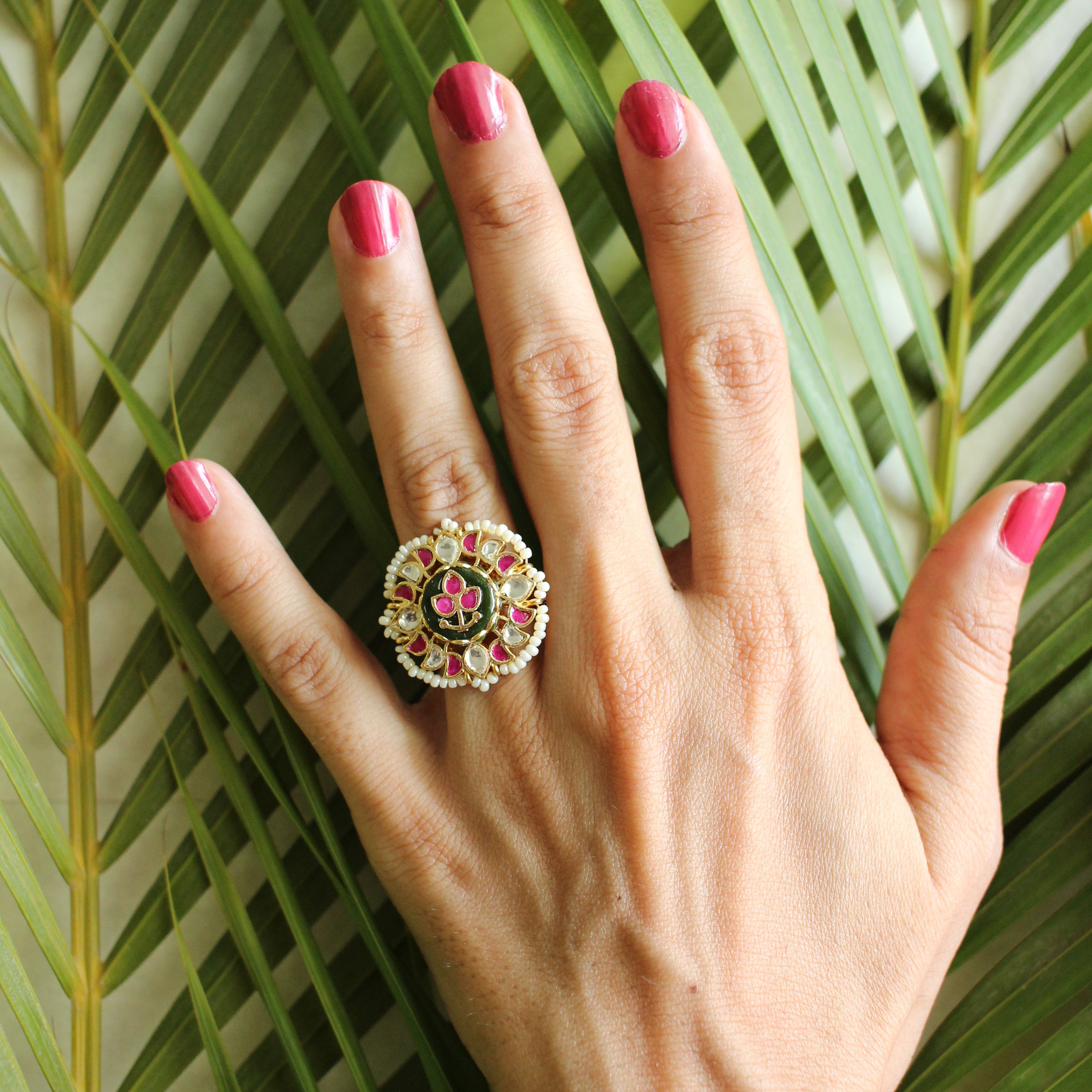 Jadau Green Meenakari Ring | Kundan Ruby & Pearl Statement Ring