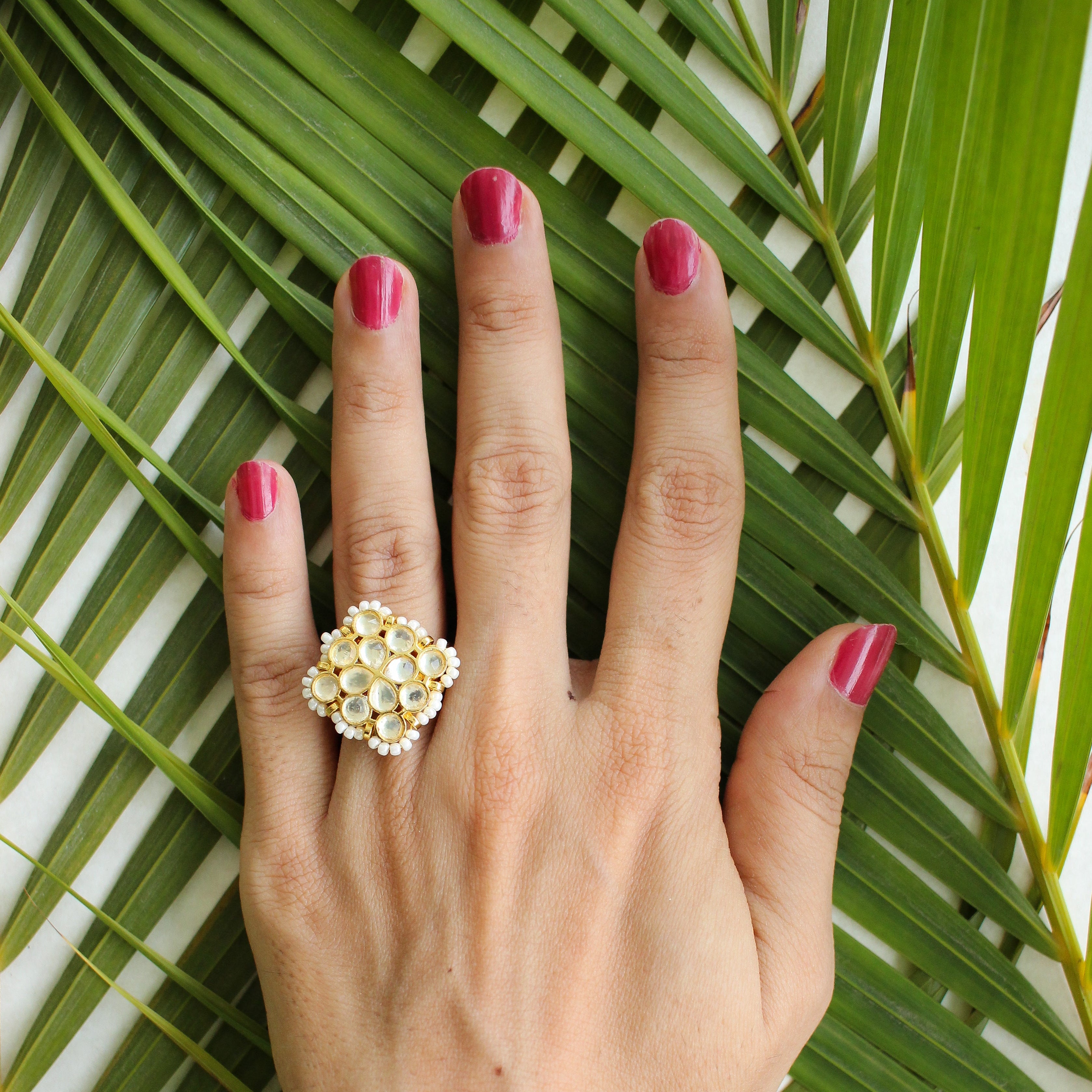 Kundan Cluster Ring | Gold-Toned Pearl Bordered Domed Ring