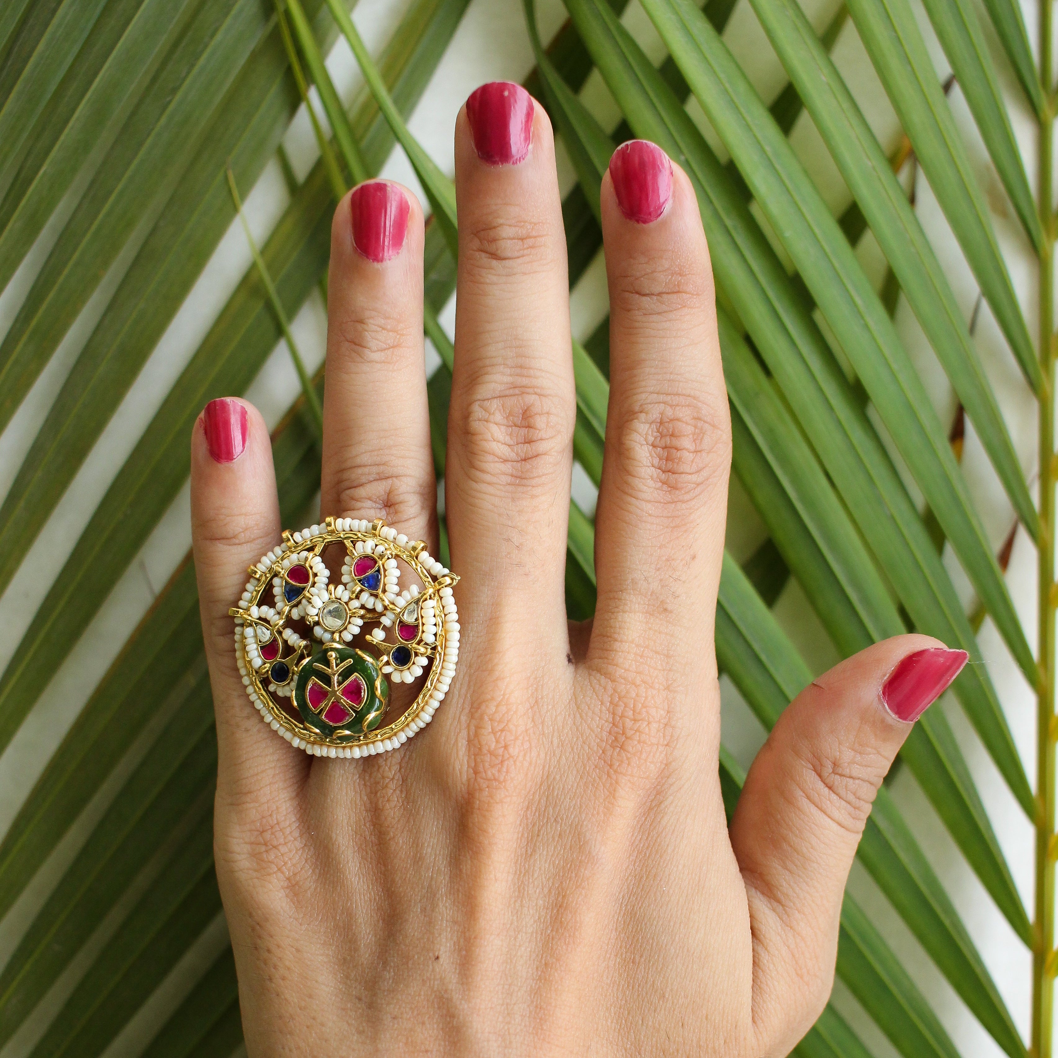 Jadau Wheel Ring | Multicolor Gemstone Pearl Border Circular Ring