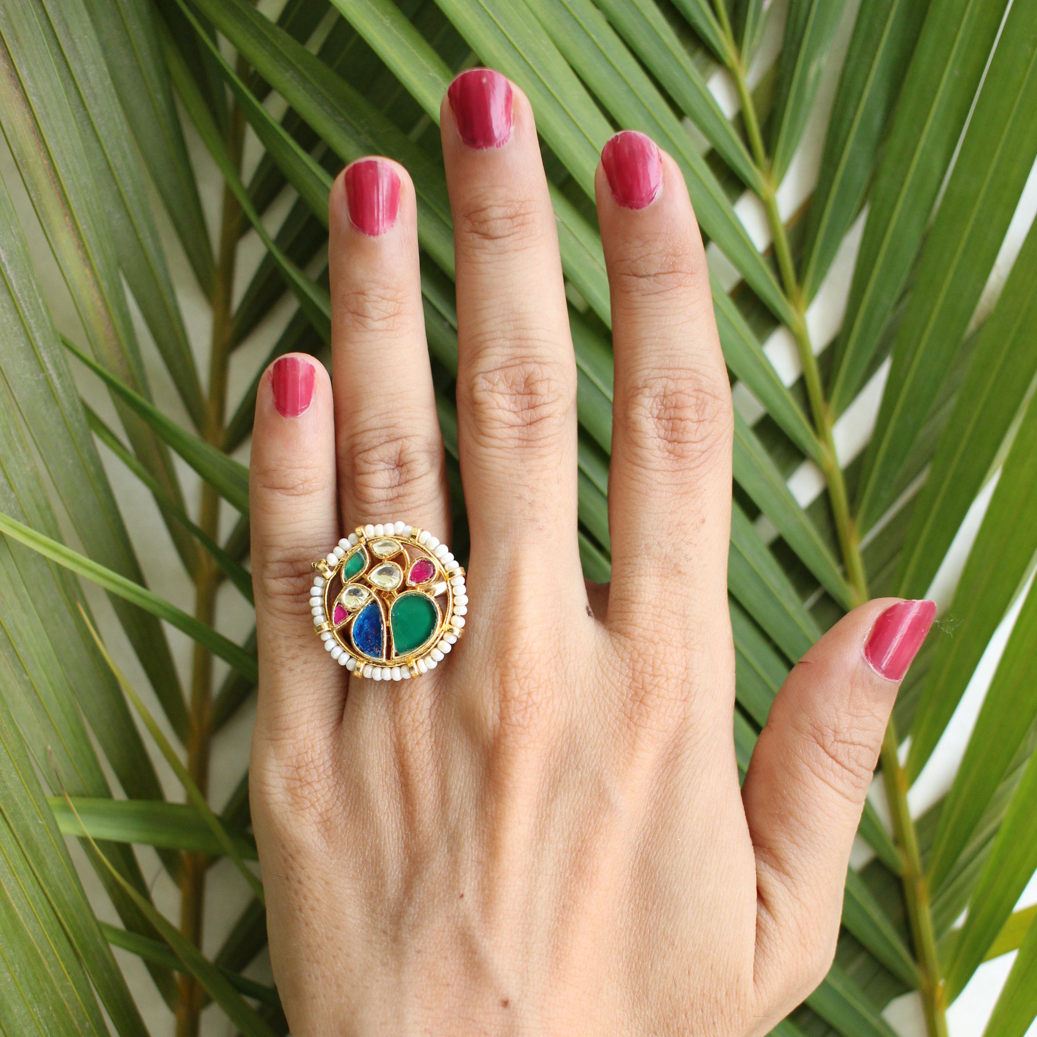 Multicolor Kundan Mosaic Ring | Gold-Toned Abstract Gemstone Ring