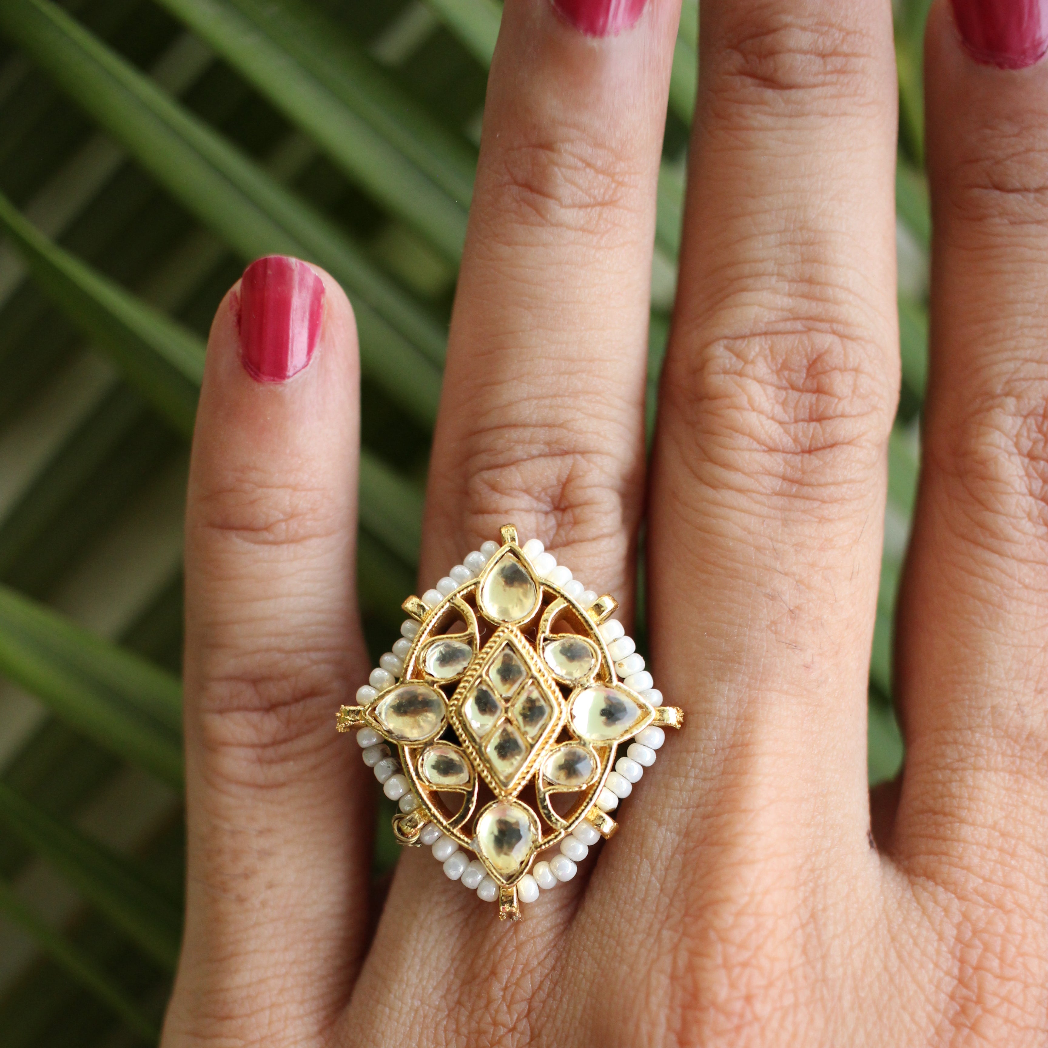 Kundan Marquise Statement Ring | Gold-Toned Pearl Bordered Adjustable Ring