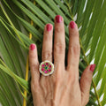 Kundan Floral Ruby Ring | Gold-Toned Pearl Border Statement Ring