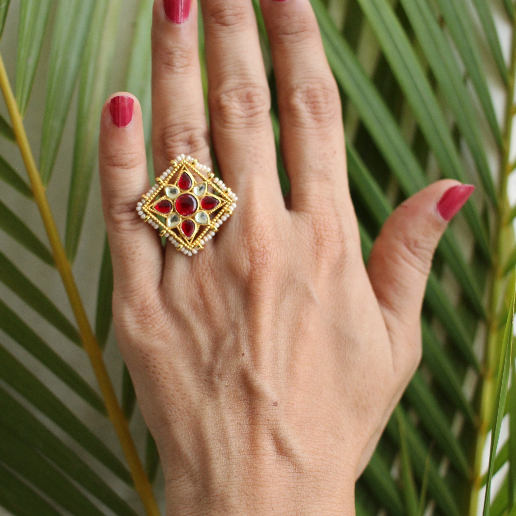Kiara Jadau Kundan Pearl Ring in Red