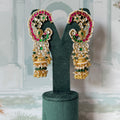 Pink and green kundan peacock ear cuff jhumkas in gold with seed pearl border and pearl fringe