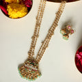 Long Antique Gold Mala Set | Ruby-Emerald Kundan Pendant Necklace & Jhumka Earrings