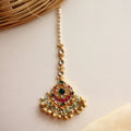 Antique Gold Kundan Maang Tikka – Peacock Fan Design with Emerald Center and Pearl Fringe