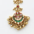 Antique Gold Kundan Maang Tikka – Ruby & Emerald with Jade Green Bead Fringe and Pearl Chain (Copy)