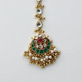 Antique Gold Kundan Maang Tikka – Emerald & Ruby Enamel with Pearl Cluster & Kundan Drop Chain