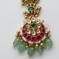 Antique Gold Kundan Maang Tikka – Ruby & Emerald with Jade Green Bead Fringe and Pearl Chain