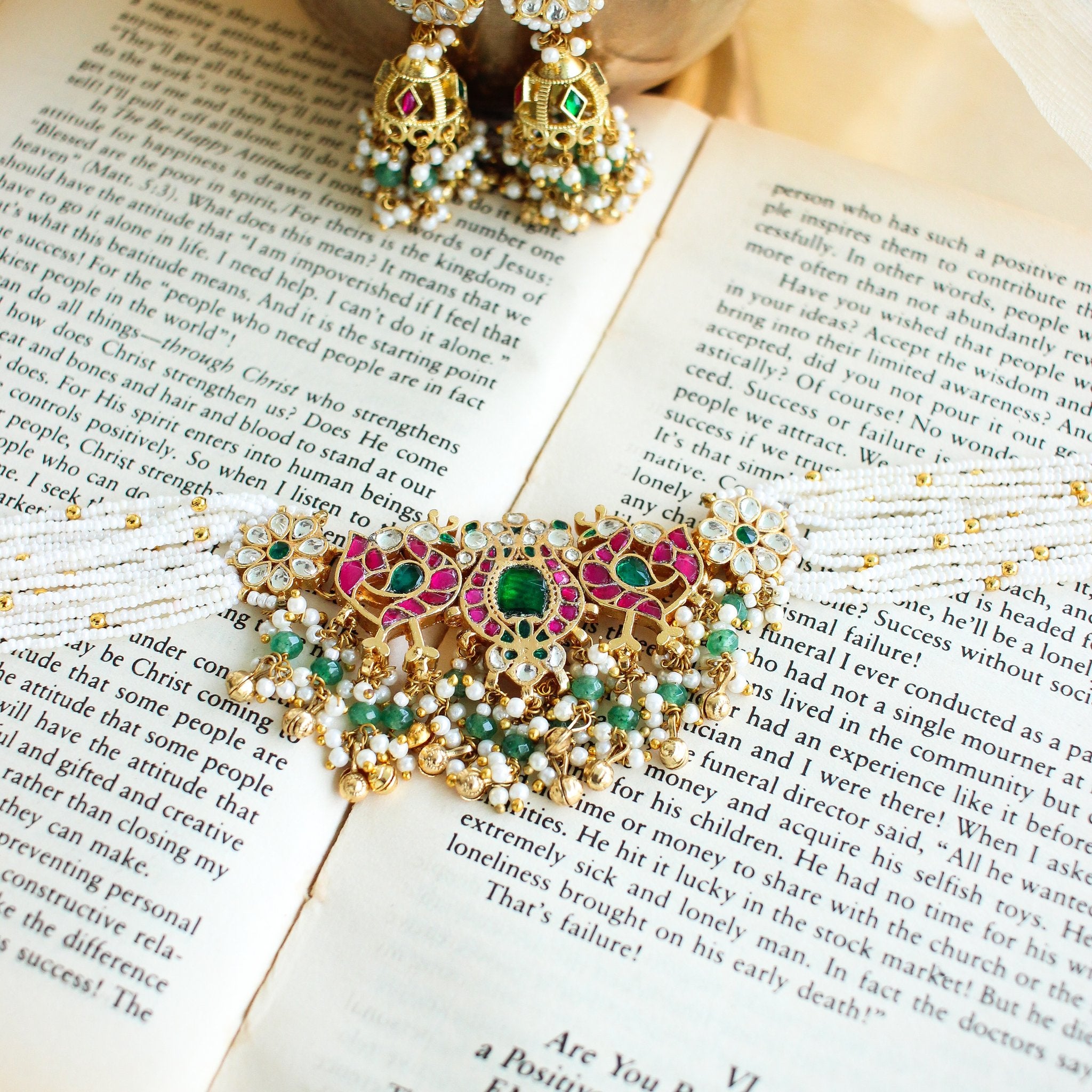 Anvi Ruby Emerald Jadau Kundan Pearl Choker Set with matching jhumka earrings