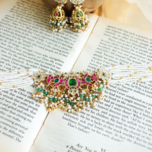 Anvi Ruby Emerald Jadau Kundan Pearl Choker Set with matching jhumka earrings