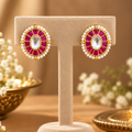 Rani Pink  Jadau Kundan Oval Studs | Gold Studs with Clear Centre and Pearl Border