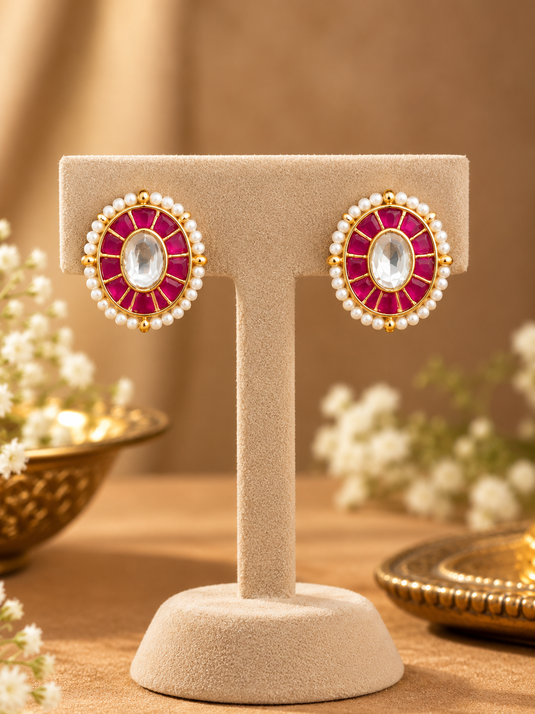 Rani Pink  Jadau Kundan Oval Studs | Gold Studs with Clear Centre and Pearl Border
