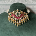Ruby & Green Jadau Kundan Choker Set | Crescent Pendant & Chandbalis