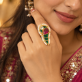 Pink and Green Ambi Ring | Gold Jadau Paisley Ring with Seed Pearl Border
