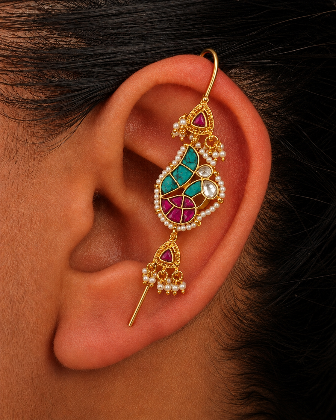 Handcrafted Gold-Plated Ear pin with Pearl Beading and Kundan Stone Detail