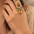 Pink and Green Kundan Long Ring | Gold Chandbali Statement Ring with Fringe
