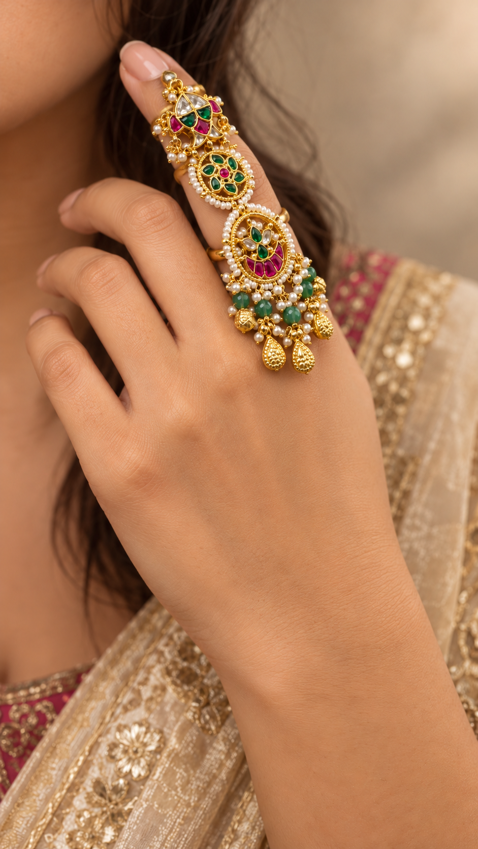 Pink and Green Kundan Long Ring | Gold Chandbali Statement Ring with Fringe
