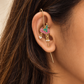 Pink and Green Peacock Ear Pins | Gold Ear Cuff with Seed Pearl Drops