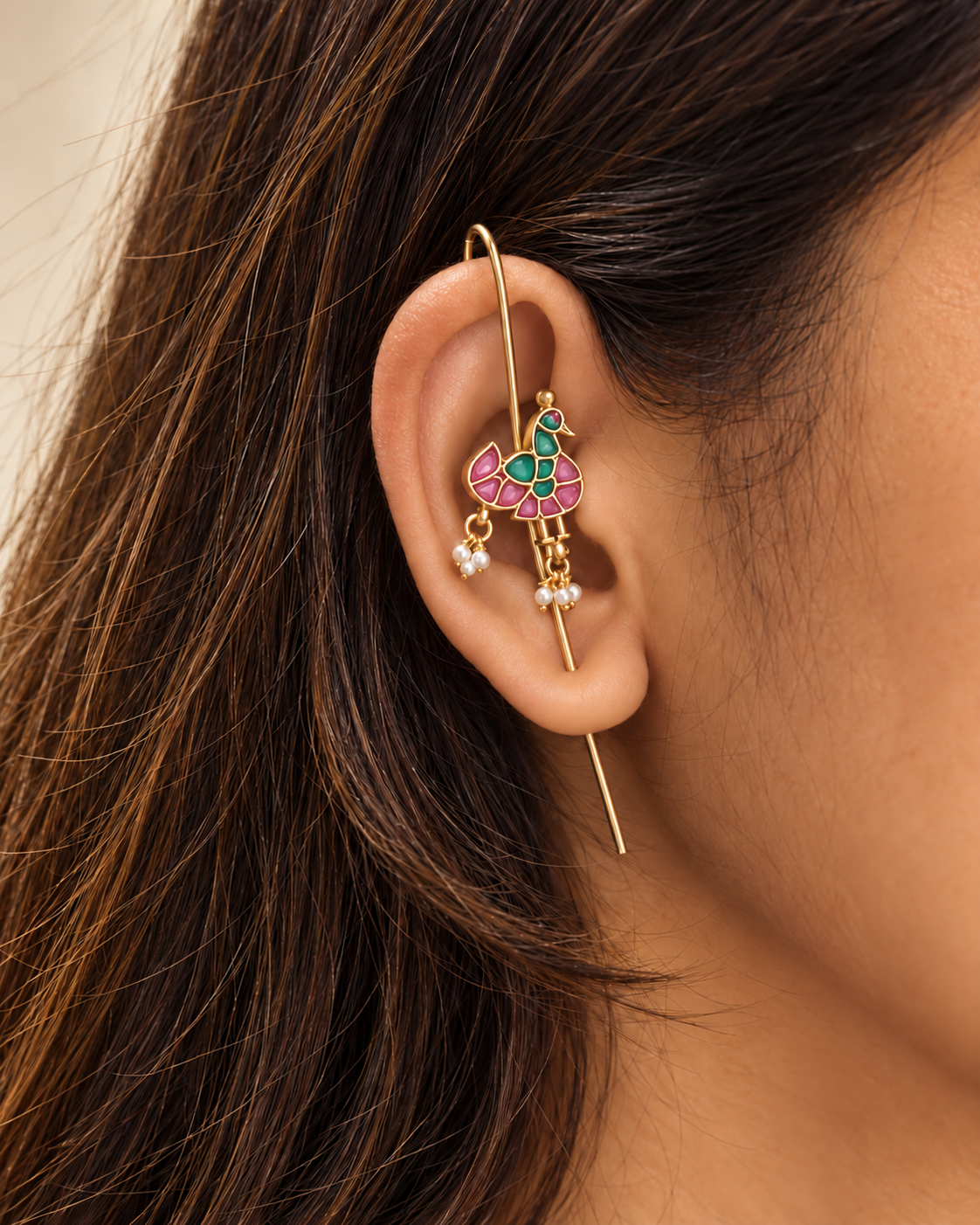 Pink and Green Peacock Ear Pins | Gold Ear Cuff with Seed Pearl Drops