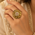 Antique Gold Kundan Statement Ring | Openwork Wheel with Pearl Centre