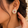 Pink and Mother of Pearl Jadau Studs | Round Gold Studs with Pearl Border