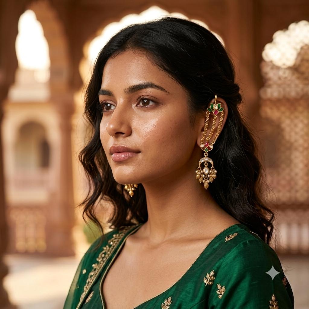 Ruby & Emerald Kundan Chain Earrings | Multi-Chain Jhumar Drop with Pearl Fringe