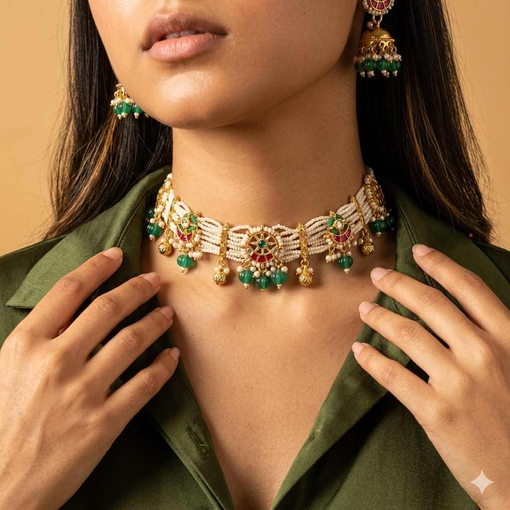 Vrinda Choker Set — Pearl Choker with Emerald Melon Drops & Coordinated Jhumkas