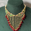 Green Kundan Pearl Strand Necklace Set | Red Bead Drops with Earrings