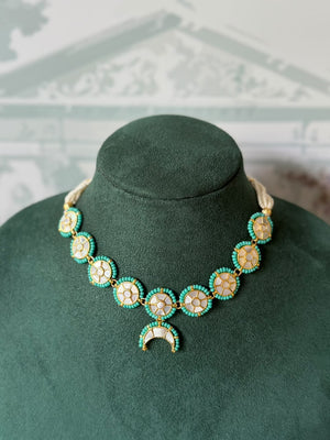 Mother of pearl and firoza disc earrings with crescent drop