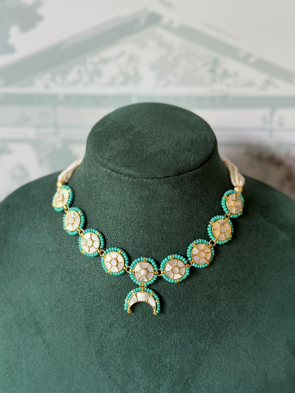 Mother of pearl and firoza disc earrings with crescent drop