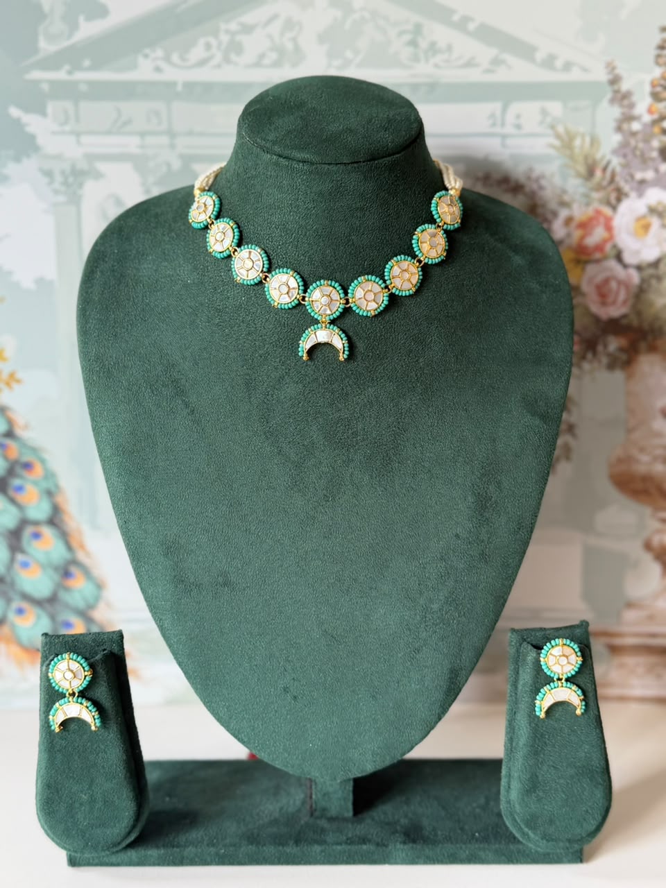 Mother of pearl and firoza disc necklace set with crescent drop and matching earrings