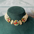 Round navratna multicolour kundan stud earrings with seed pearl border