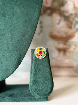 Multi-strand seed pearl choker with navratna multicolour stone medallion