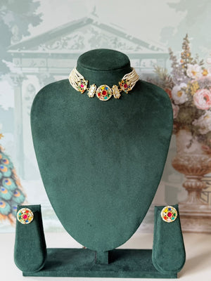 Navratna multicolour kundan seed pearl choker set with mother of pearl links and matching studs