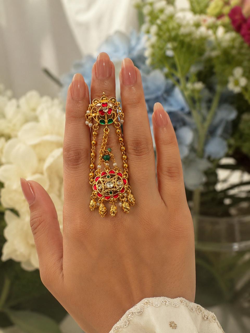 Traditional Kundan Finger Ring with Pearl & Bead Tassels – Gold-Toned Ethnic Statement Ring