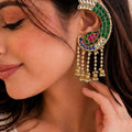 Green Kundan Peacock Ear Cuff | Gold Jadau Ear Climber with Jhumka Tassels