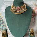 Rani Pink Kundan Bridal Choker | Antique Gold Choker with Pearl Fringe