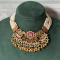 Rani Pink Kundan Choker Set | Antique Gold Pearl Choker with Jhumkas