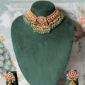 Rani Pink & Green Kundan Choker Set | Antique Gold Pearl Choker with Jhumkas