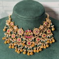 Antique Gold Kundan Choker Set with Ruby Pink Stones & Jhumkas