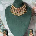 Antique Gold Kundan Choker Set with Ruby Pink Stones & Jhumkas
