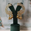 White Kundan Peacock Ear Cuff | Gold Ear Climber with Triple Jhumka Drops
