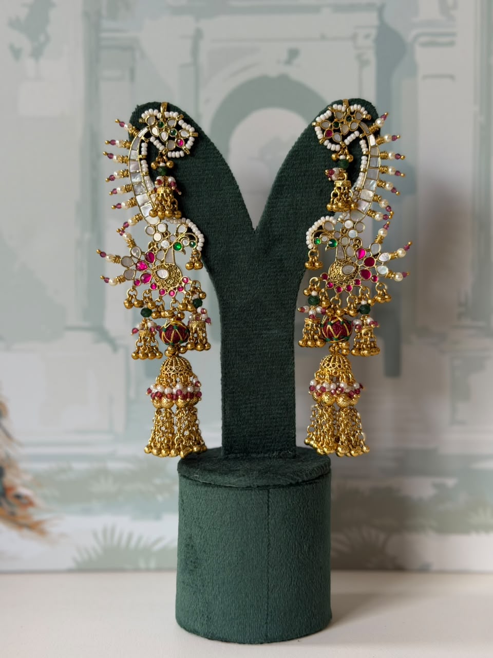 White Kundan Jhumka Ear Cuff | Gold Ear Climber with Pearl Fan and Tassels