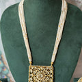 Kundan Square Pendant Pearl Necklace Set | Jadau Panel & Floral Studs