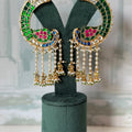 Green Kundan Peacock Ear Cuff | Gold Jadau Ear Climber with Jhumka Tassels