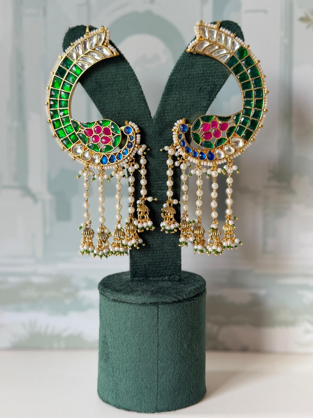 Green Kundan Peacock Ear Cuff | Gold Jadau Ear Climber with Jhumka Tassels